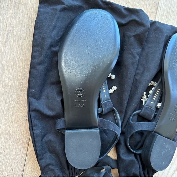 Authentic Chanel Suede Quilted Lambskin Silver Jeweled CC Thong Sandals - Picture 7 of 13